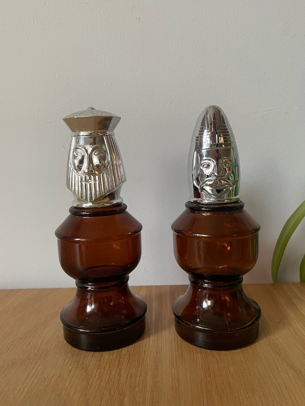 Vintage Avon King and Bishop Chess Piece Amber Glass Bottles Set of 2